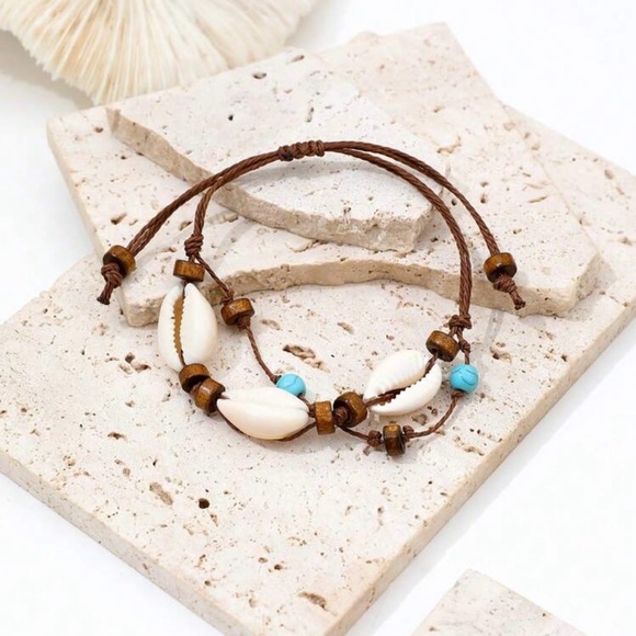 Double Layered Beachy Cowry Shell Anklet w/ Wooden & Blue Turquoise Color Beads - Picture 2 of 3